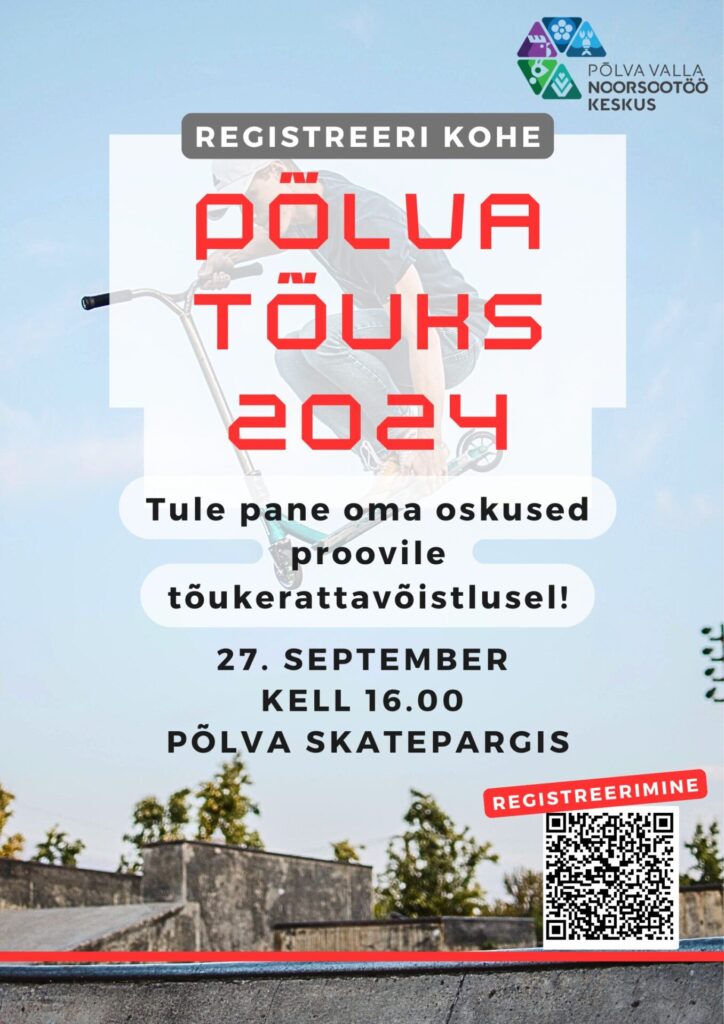 Tähelepanu, kuupäev on muutunud! Üritus toimub 27.09.2024 kell 16.00 Põlva Skatepargis. Registreeri end osalejaks siin: https://forms.office.com/e/vAiiq8b3VU. T